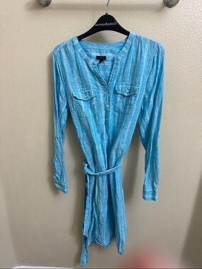 Talbots Linen Light Blue Striped Long Sleeve Dress size small
